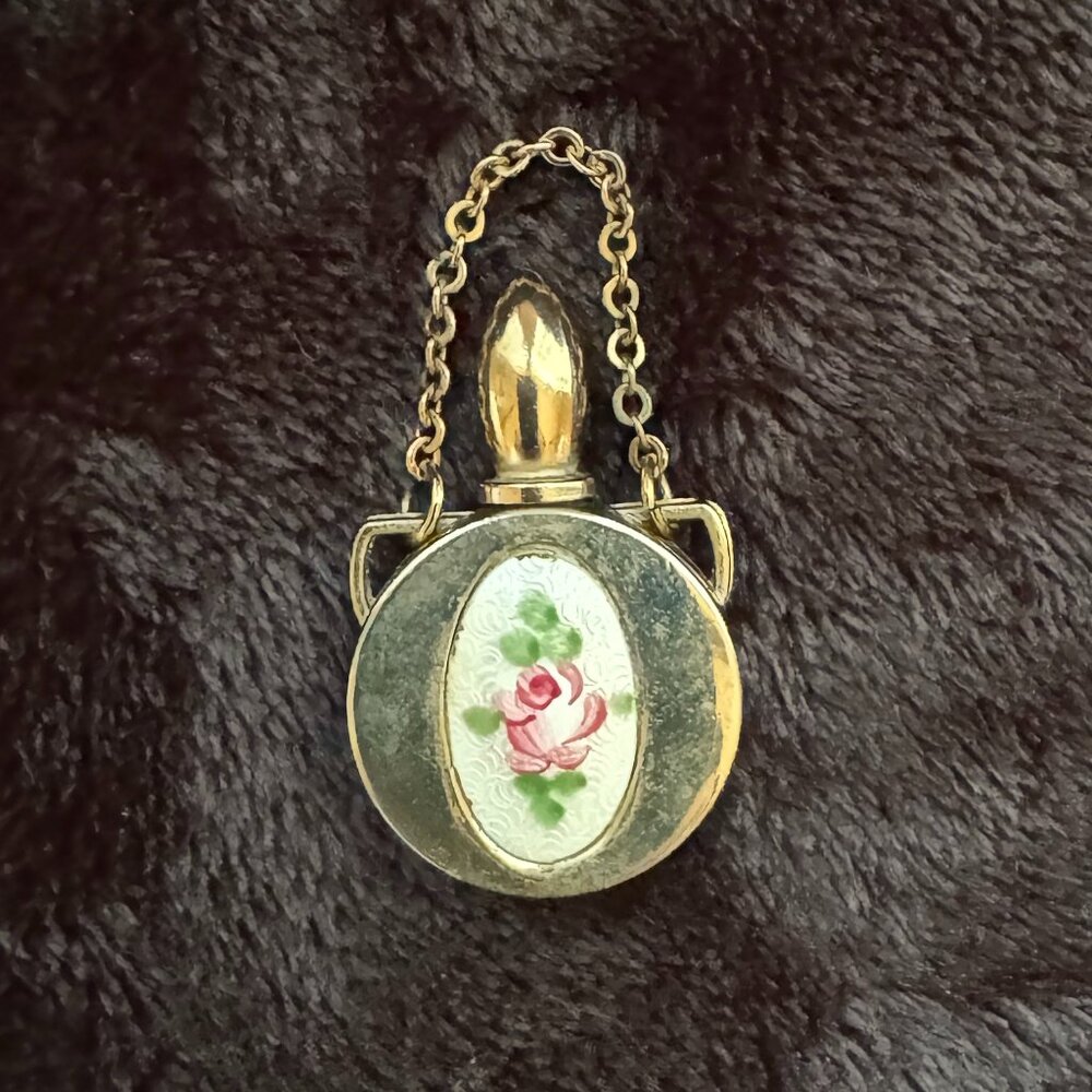 Vtg Mini Rose Guilloche Enamel Perfume Bottle Pendant w/ Chain, Dauber NICE!